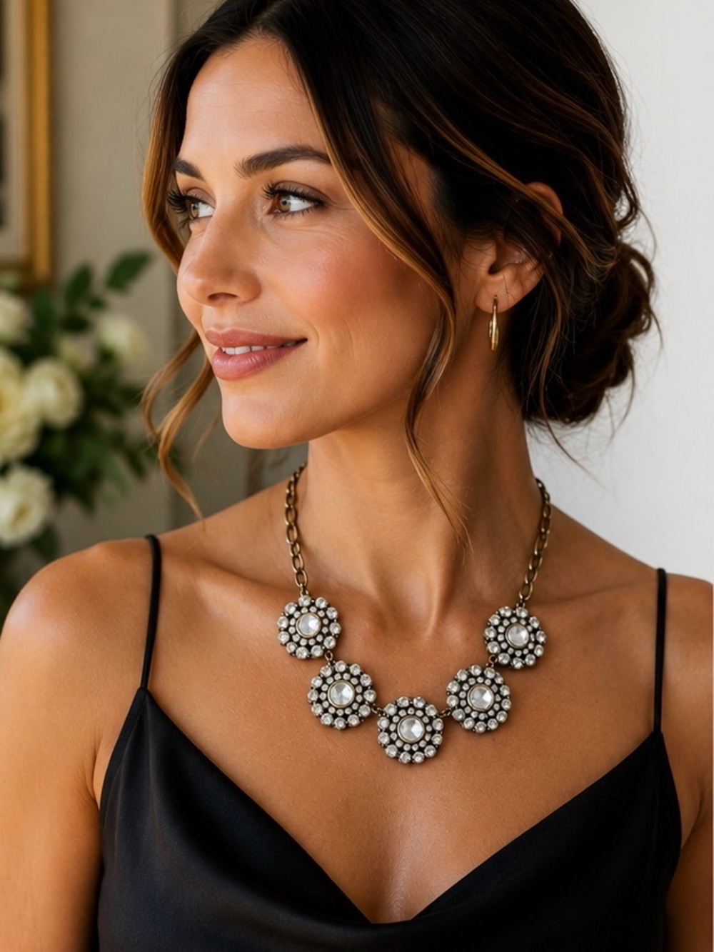J.Crew Statement Floral Crystal Bib Necklace | Antique Gold & Silver Rhinestone